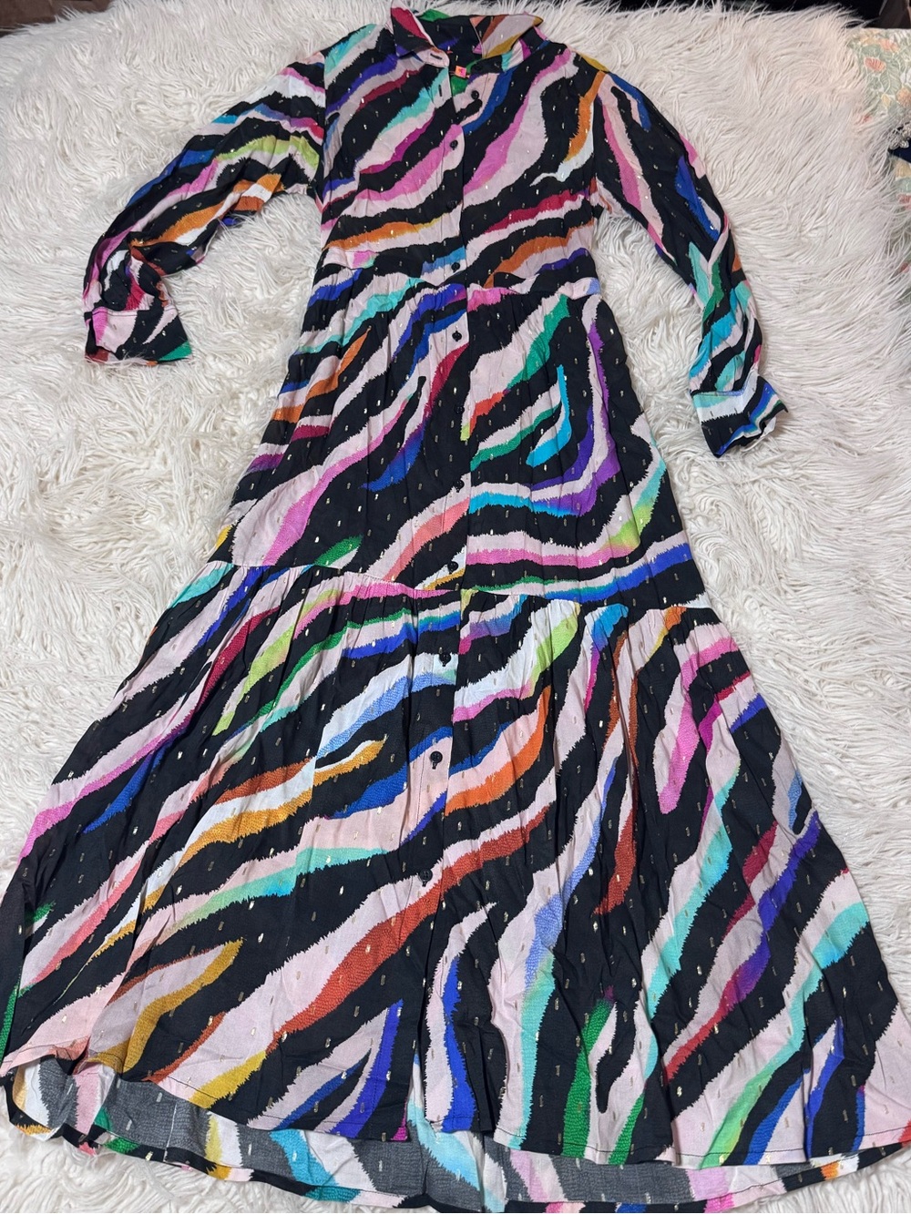 Vilagallo Maxi Dress Button Front Colorful Long Sleeve Sheer Size 36 US Size XS